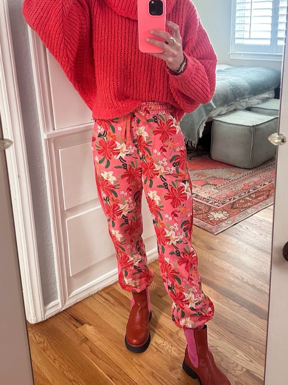 Anthropologie Pink and Red Cowl-Neck Sweater